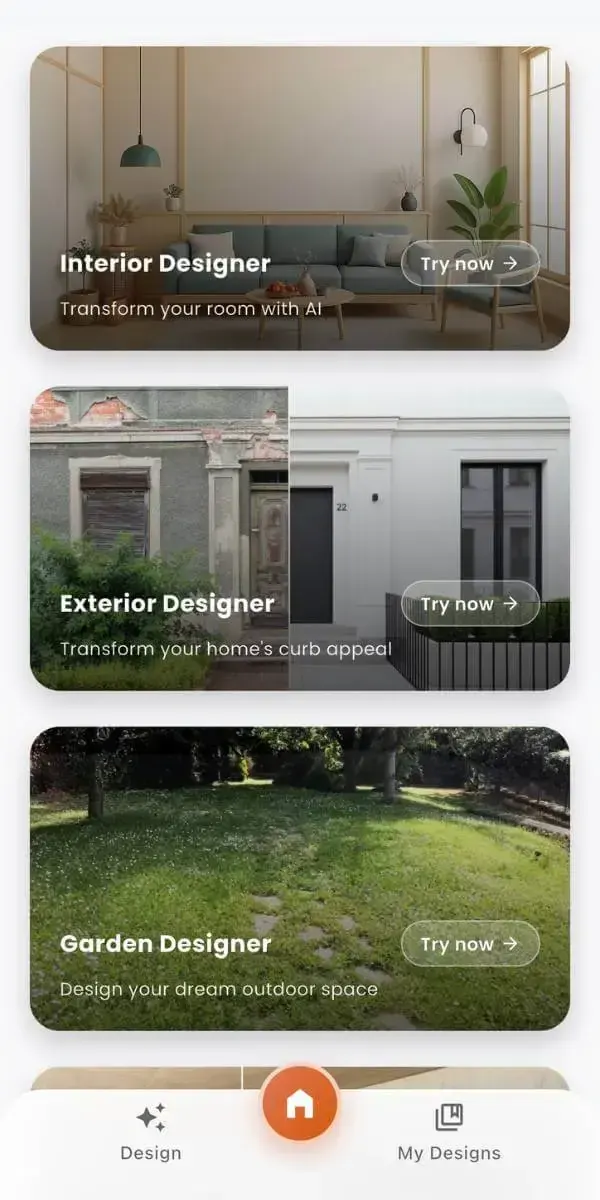 DecorAI AI Home Design App on iPhone showing room photo upload and AI redesign result