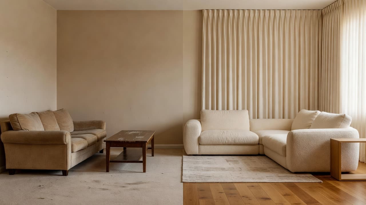 Split before-and-after photo of a living room redesigned with an AI interior design app