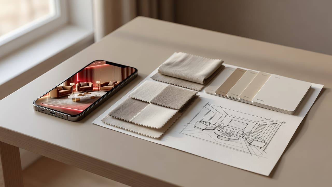 Smartphone showing an AI-redesigned living room next to a designer moodboard with fabric swatches